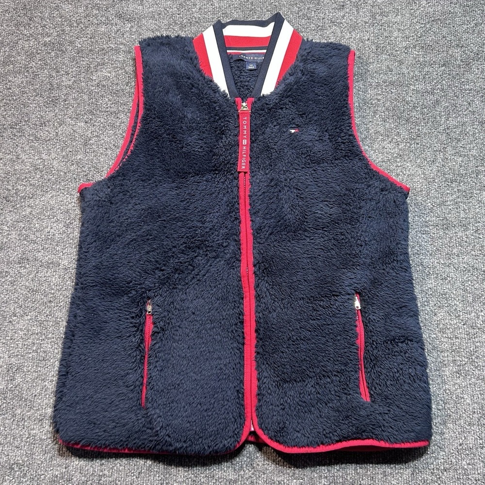 Tommy Hilfiger Sherpa Fleece Vest Women's Small Navy Red Full Zip Logo Pockets - Picture 2 of 14